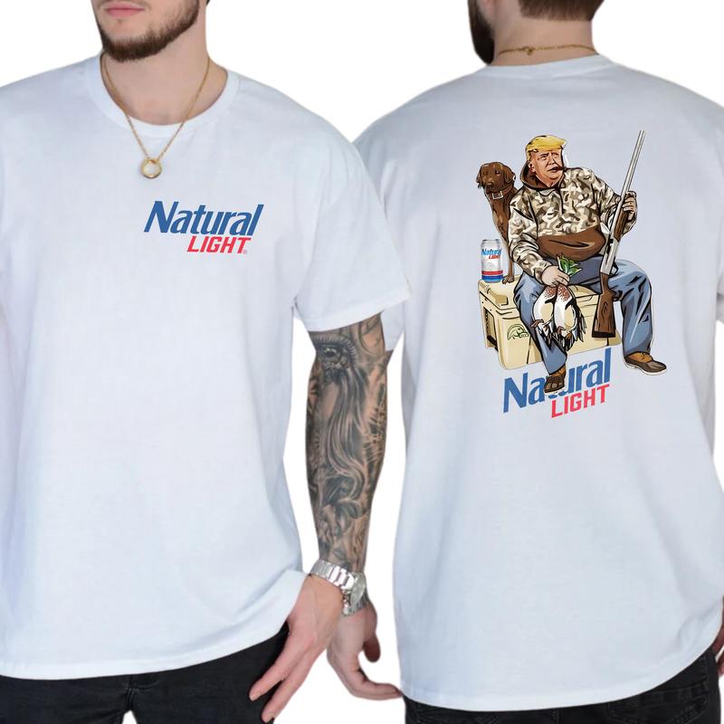 Camo Hunter Trummp With Natural Light Beer Shirt 2-Sided, Funny Men's Hunting T-shirt, Beer Drinking Tee, Unisex Hunt Tops, Classic Casual Menswear