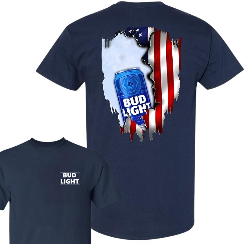 Bud Light Ripped American Flag T-Shirt, Unisex T-Shirt, Full Color, For Men, For Women