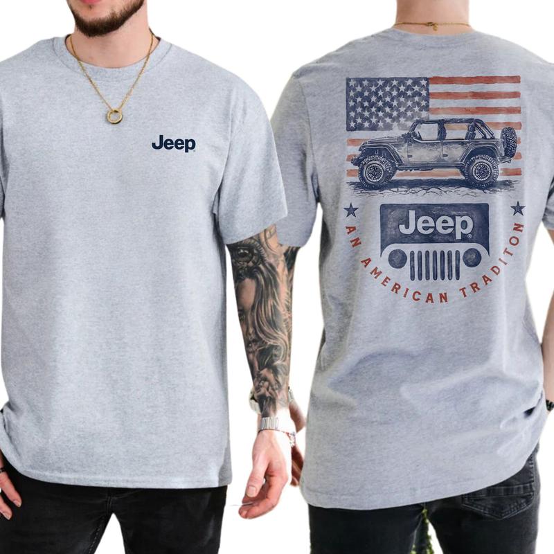 Vintage American Flag Jeep Car 2-Sided Shirt for Men, Men's Patriotic USA Flag Tee, Car Enthusiast Gift Ideas, Classic Menswear, Cotton Tops