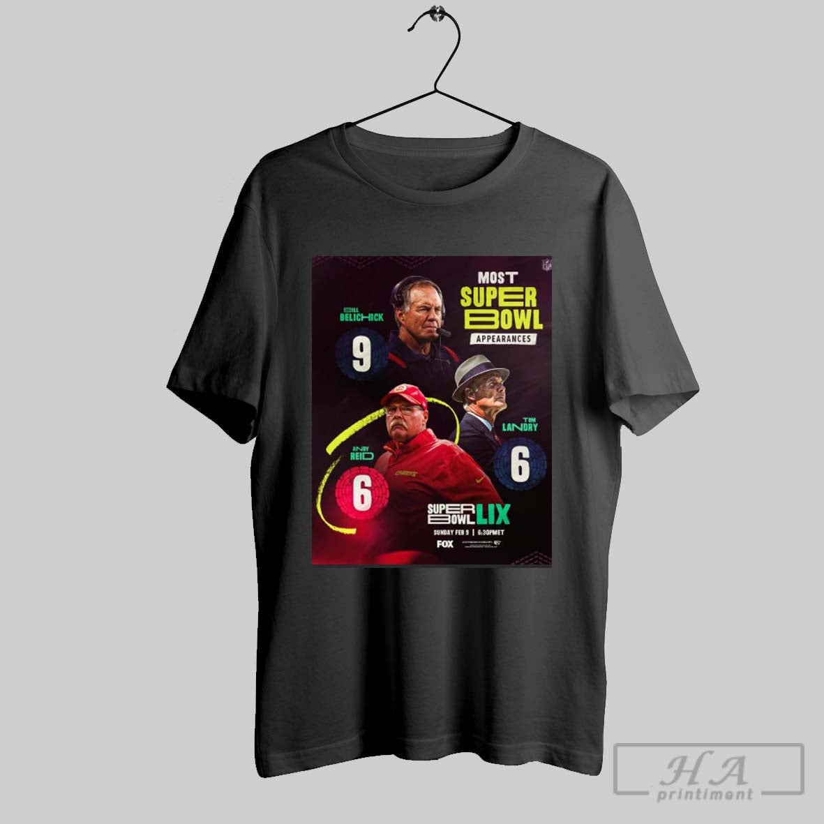 Poster Most Super Bowl Appearances Bill Belichick 9 Tom Landry 6 Andy Reid 6 Sun Feb 9 2025 T Shirt