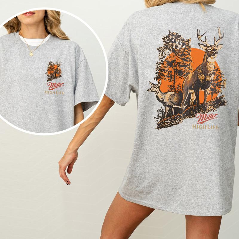Vintage Miller High Life Deer Hunting 2-Sided Shirt, Men's Buck Hunting T-shirt, Unisex Hunter Tops, Beer Drinking Tshirt, Casual Cotton Womenswear