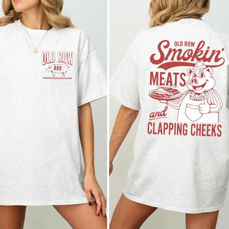 Old Row The Smokin Meats Graphic 2-Sided Shirt, Retro Pig Cooking T-Shirt, Smoking Meats Clapping Cheeks Tee, Comfy Cotton Clothing, Casual Womenswear
