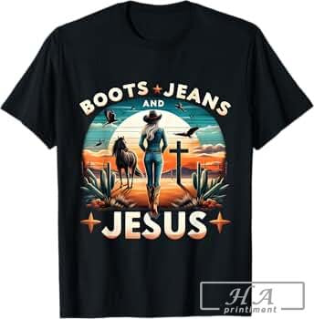 Retro Vintage Botas Jeans Y Jesús Country Music Cowgirl T-Shirt