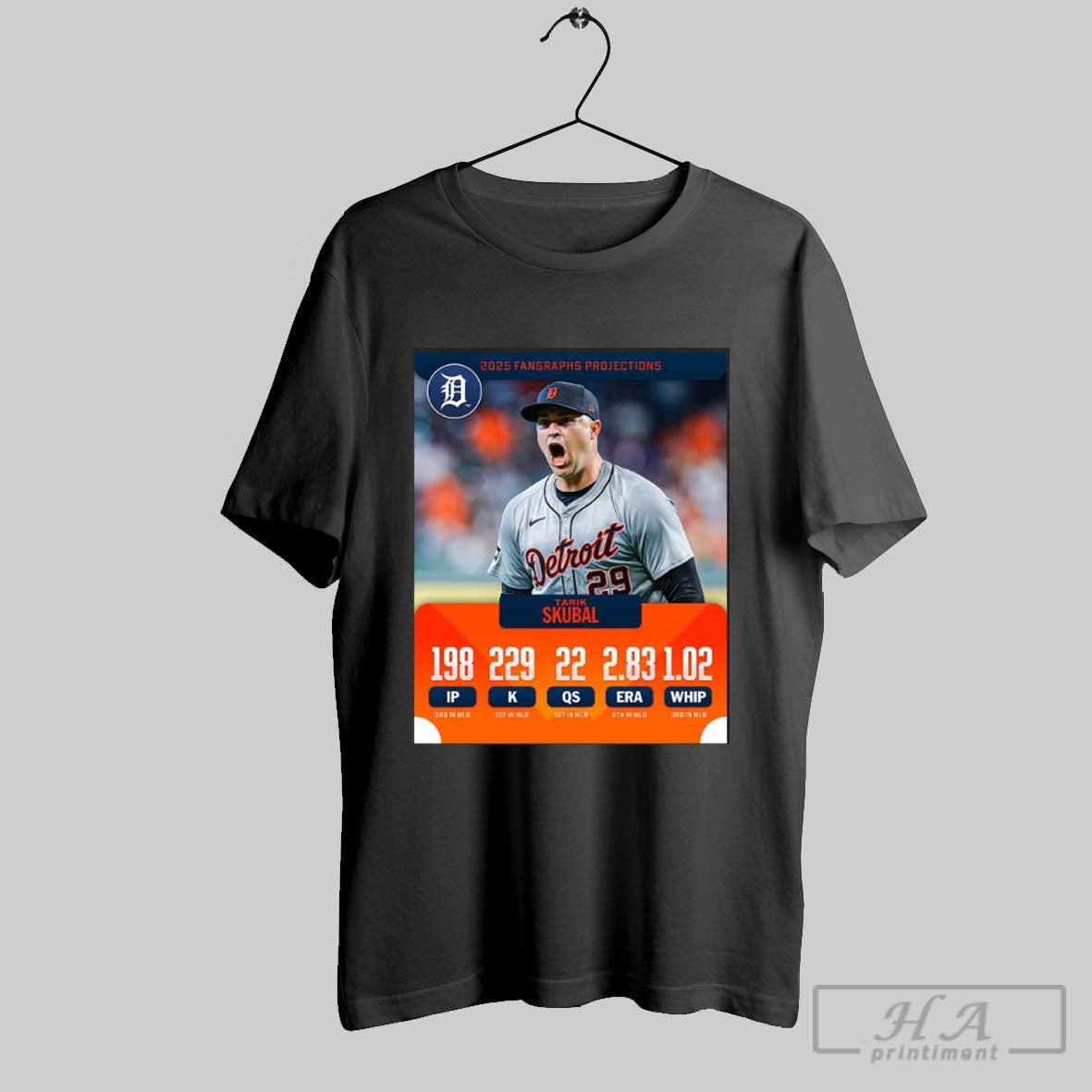 Tarik Skubal Detroit Tigers 2025 Fangraphs Projections 198 Ip 229 K 22 Qs 2 83 Era 1 02 Whip T Shirt