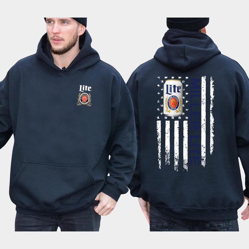 Men's Beer Miller Lite Flag 2-Sided Hoodie, American Flag Beer Drinking Hoodies, Unisex Drink Tops, Drink Sweaters for Him, Comfort Cotton Casual Menswear, Long Sleeve Pullover
