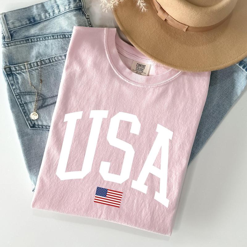 USA Flag, America, Patriotic, White, 4th of July Tshirt, Women's Crew Neck, Crewneck