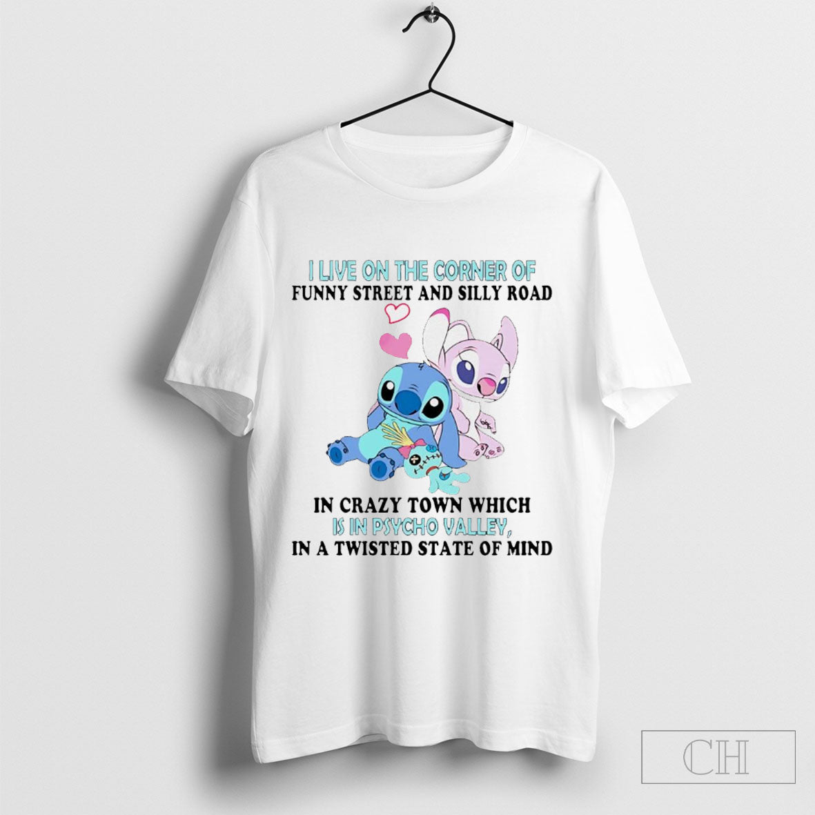 Stitch And Angel I Live On The Corner Of Funny Street And Silly Road Shirt
