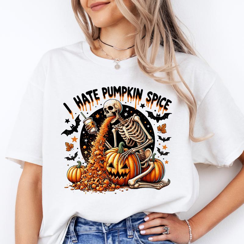 I Hate Pumpkin Spice - T-Shirt - Print is Sublimation, Unisex T-Shirt, Funny Tee, Funny Apparel, Gift Idea, Relaxed Fit, Casual Apparel, Cute Top, Gr