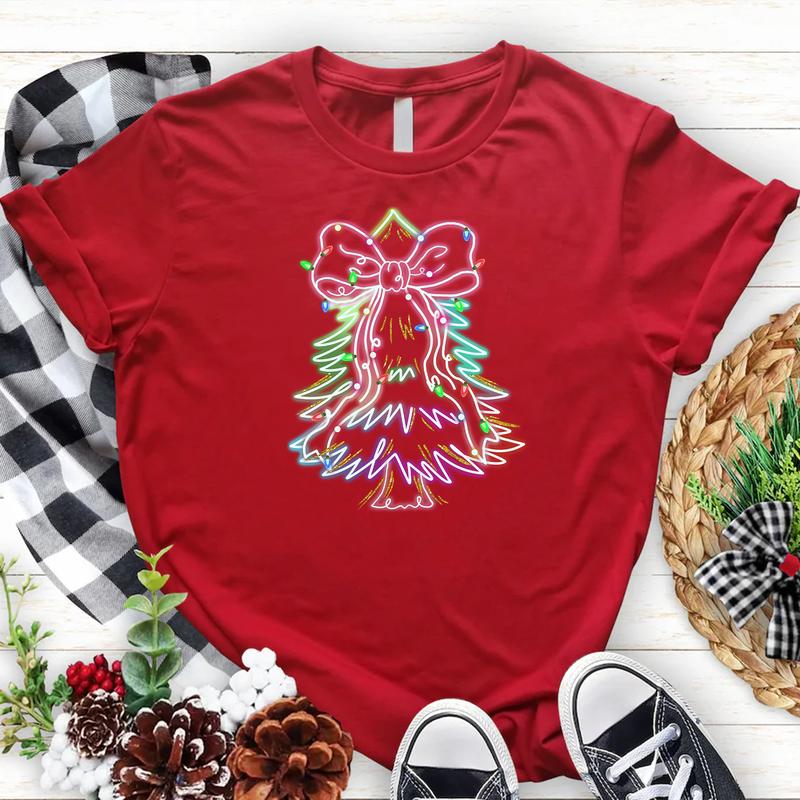 Red Christmas T Shirt, Neon Christmas Tree Design, Colorful Bow, Festive Holiday Outfit, Plaid Scarf, Pine Cones, Cotton Balls, Sneakers, Woven Basket
