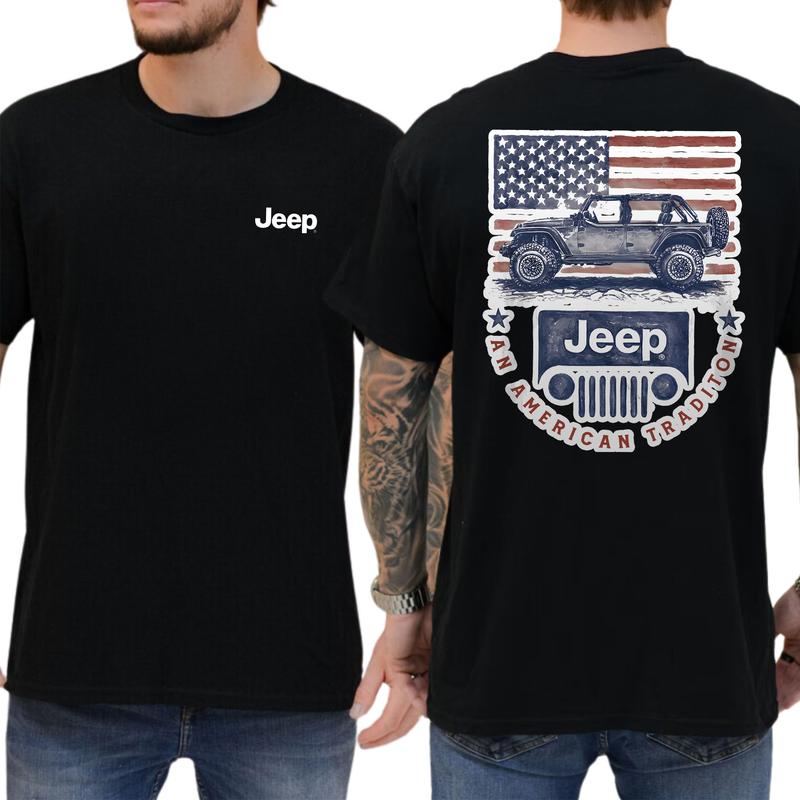 Vintage American Flag Jeep Car 2-Sided Shirt for Men, Men's Patriotic USA Flag Tee, Car Enthusiast Gift Ideas, Classic Menswear, Cotton Tops