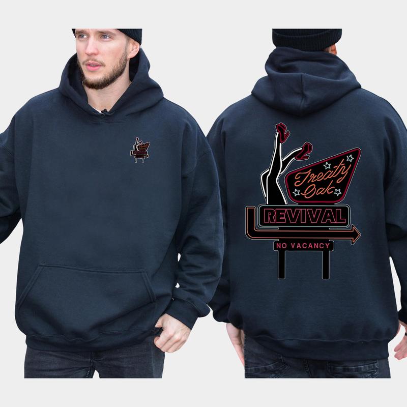Vintage Treaty Oak Revival 2-Sided Hoodie, Retro Neon Sign Hoodies, Funny Men's Hooded Sweatshirt, Unisex Drink Tops, Classic Pullover Menswear