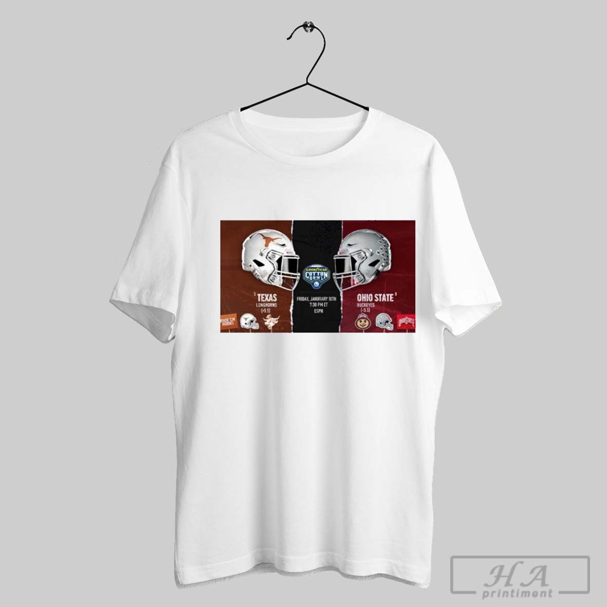 Poster Texas Longhorns Vs Ohio State Buckeyes Goodyear Cotton Bowl Football Fri January 10th 2025 Helmet T Shirt