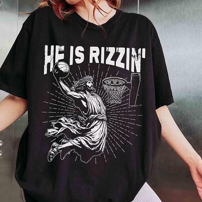 Retro He Is Rizzin' T-Shirt, Funny Jesus T-Shirt, Humor Easter T-Shirt, Christian East Cotton Fabric