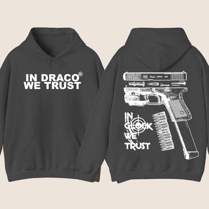 IN DRACO WE TRUST Glock Hoodie - Men's & Women's Classic Fit Long Sleeve Hoodie with Full Color Graphic Design, Embroidered Text, and Adjustable Hood