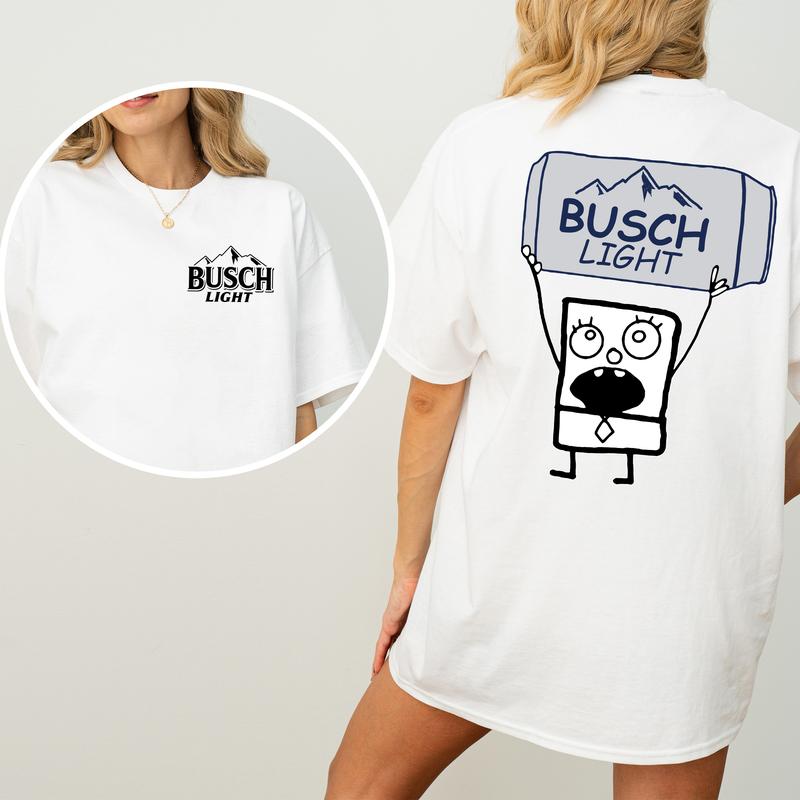 DoodleBob Busch Light Unisex T-Shirt, Funny Doodlebob Beer Graphic 2 Sided Shirt, Vintage Drink T-Shirt, Drinking Tshirt for Men, Comfort Cotton Fabric Tshirt, Women's Top, Casual Womenswear