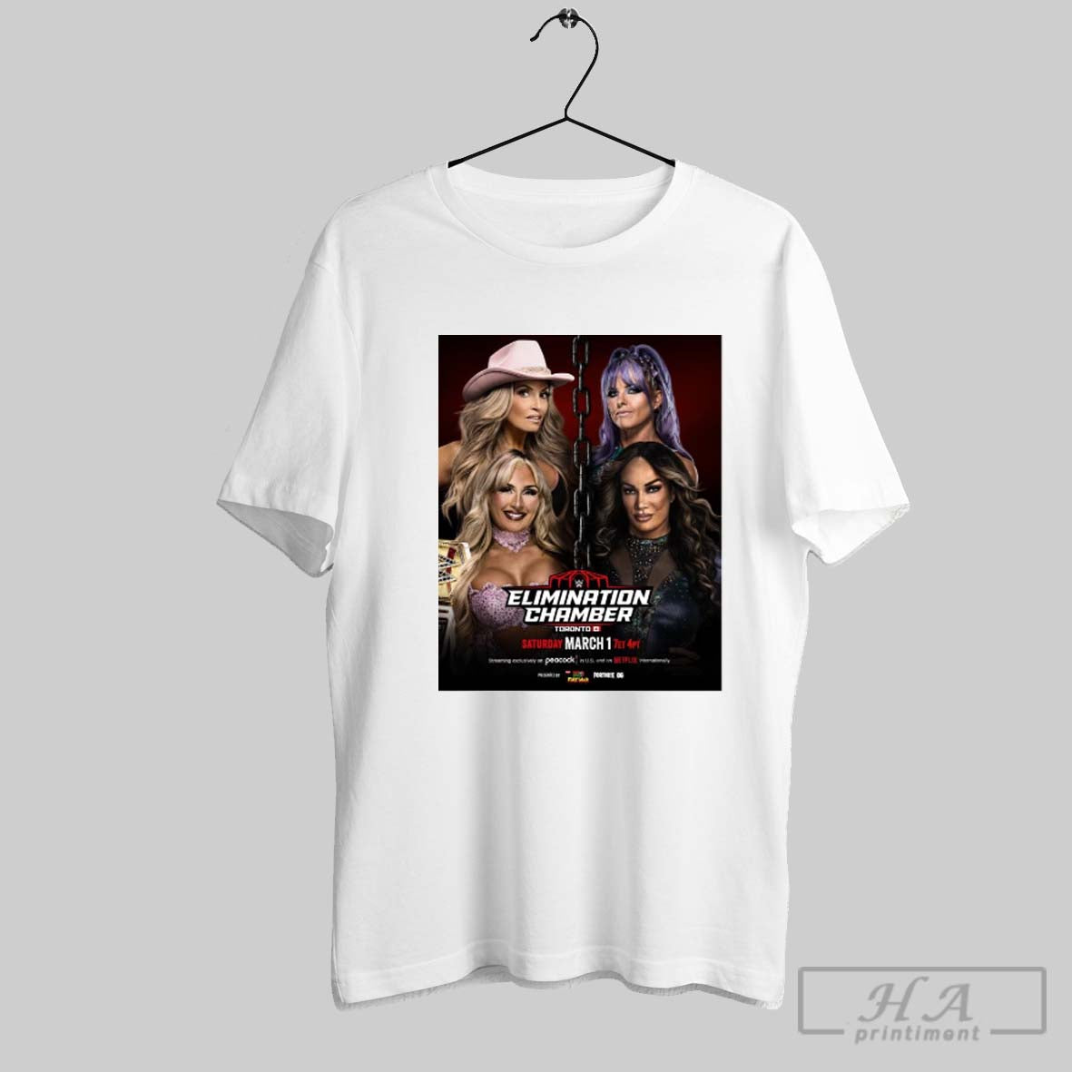 Poster Tiffany Stratton Trish Stratus Vs Nia Jax Candice Lerae Wwe Elimination Chamber March 1 2025 T Shirt
