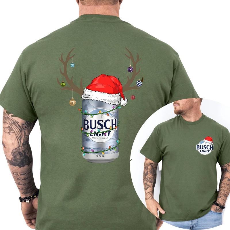 Christmas Deer Busch Light 2-Sided Shirt, Funny Men's Beer Drinking Tee, Drink Tops for Men, Christmas Drinker Tshirt, Classic Cotton Casual Menswear