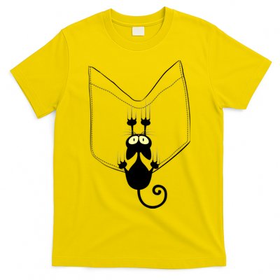 Funny Cute Cat Hanging From Pocket T-Shirt