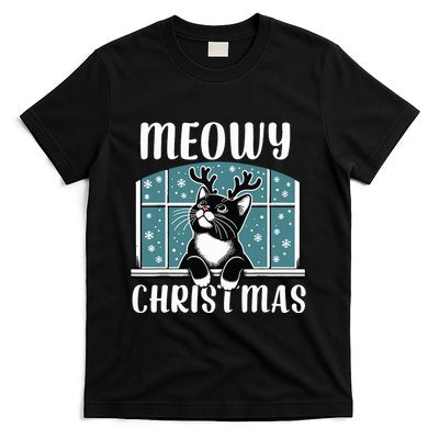 Funny Christmas Cat Reindeer Antlers Meowy Christmas T-Shirt