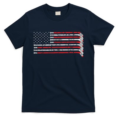 Hockey Stick USA Flag Faded Hockey Player T-Shirt