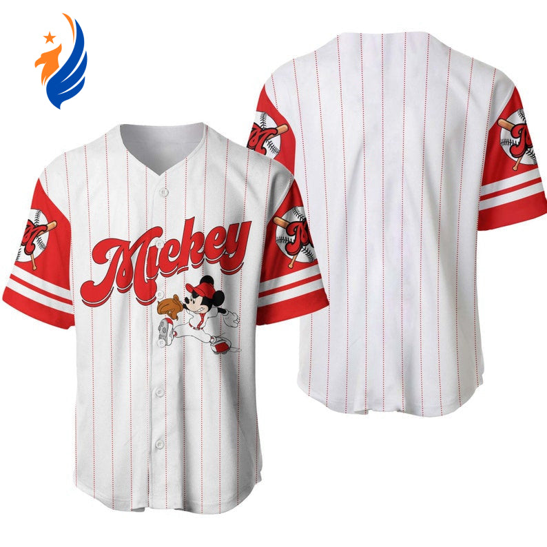 Stylish Mickey Mouse All Over Print Pinstripe Baseball Jersey – Trendy Disney Apparel for Fans - Bafud