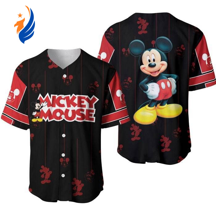Mickey Mouse Black Red Stripes Baseball Jersey - Custom Walt Disney Casual Outfit for Unisex - Bafud