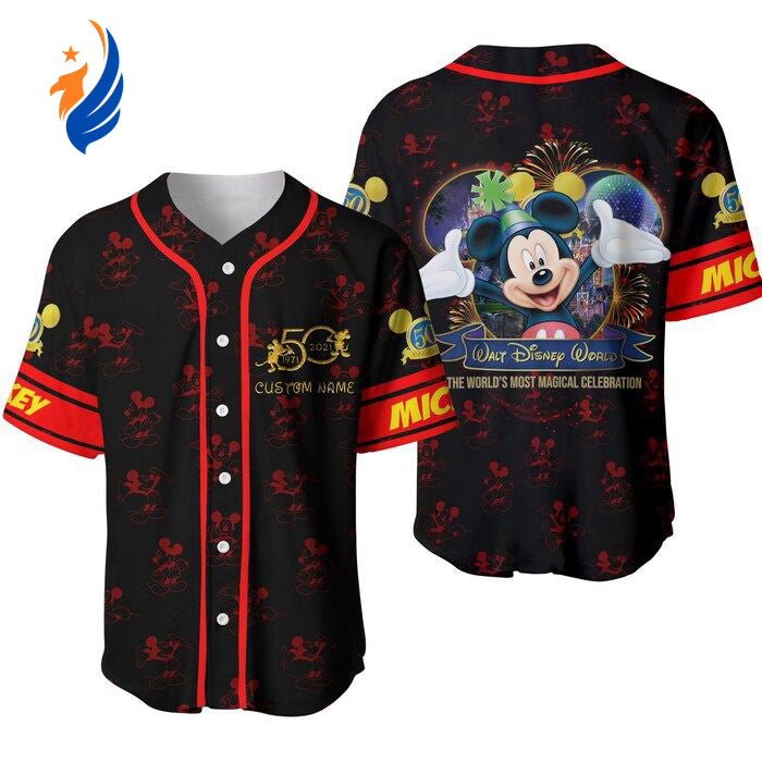 Mickey Mouse Red Disney 50th Anniversary Baseball Jersey - Custom Unisex Cartoon Graphic Outfit - Bafud