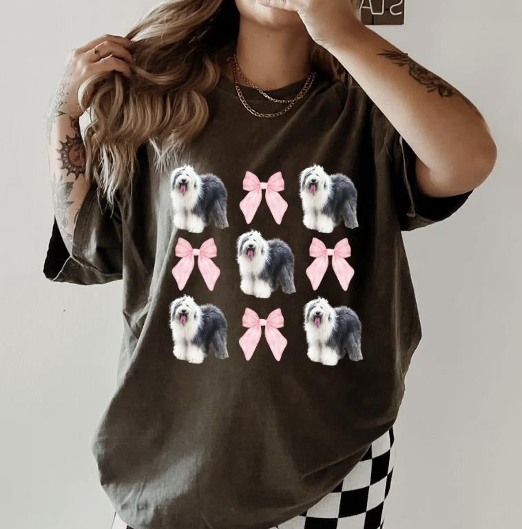 old English sheepdog with bows Shirt ~ Unisex Apparel Relaxed Fit Printed In The USA Clothing Womenswear Casual Comfort Cotton Top Athletic Boho Chicbrown chihuahua