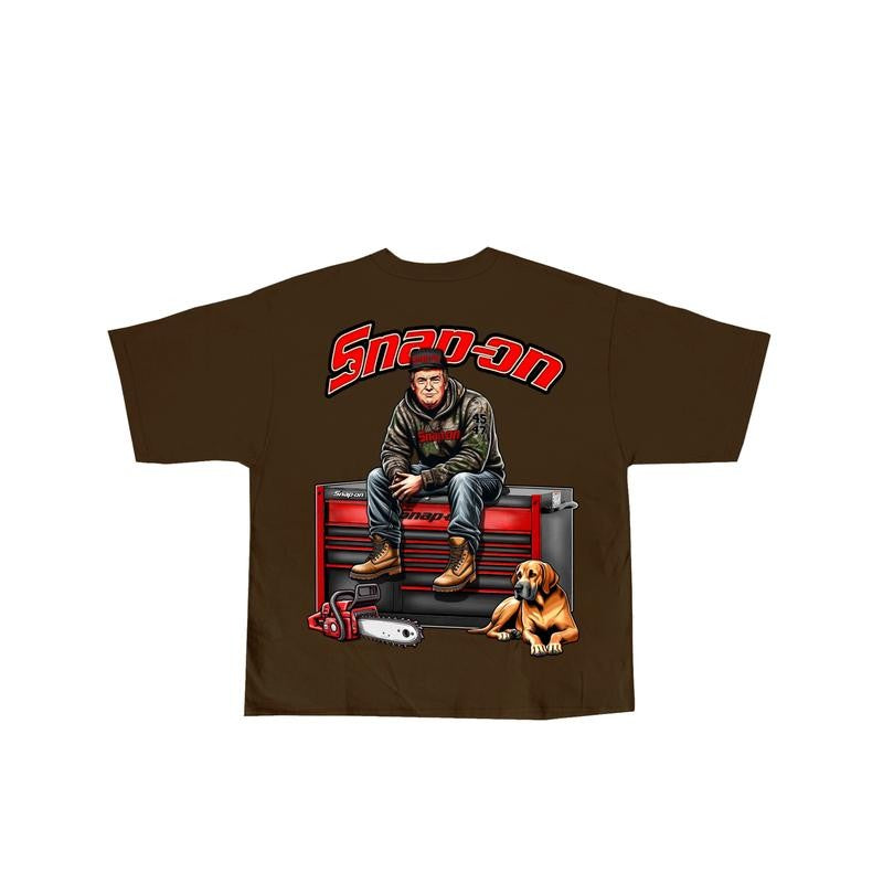 Snap-On Trump 2 Sided T-shirt, Hoodie, Crewneck Camo Workwear T-shirt, Trump With Chainsaw Graphic