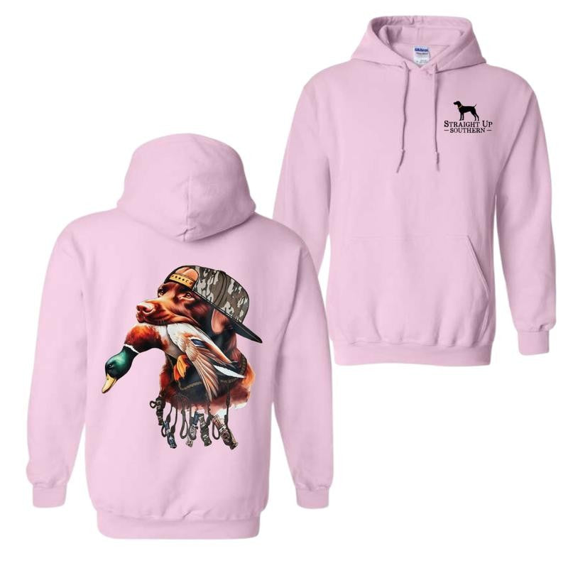Straight Up Southern Hoodie – Bold Brown Hunting Dog with Duck Graphic, Perfect for Outdoorsmen and Waterfowl Hunters, Unisex Hoodie for Adventure and Style Menswear Sweaters