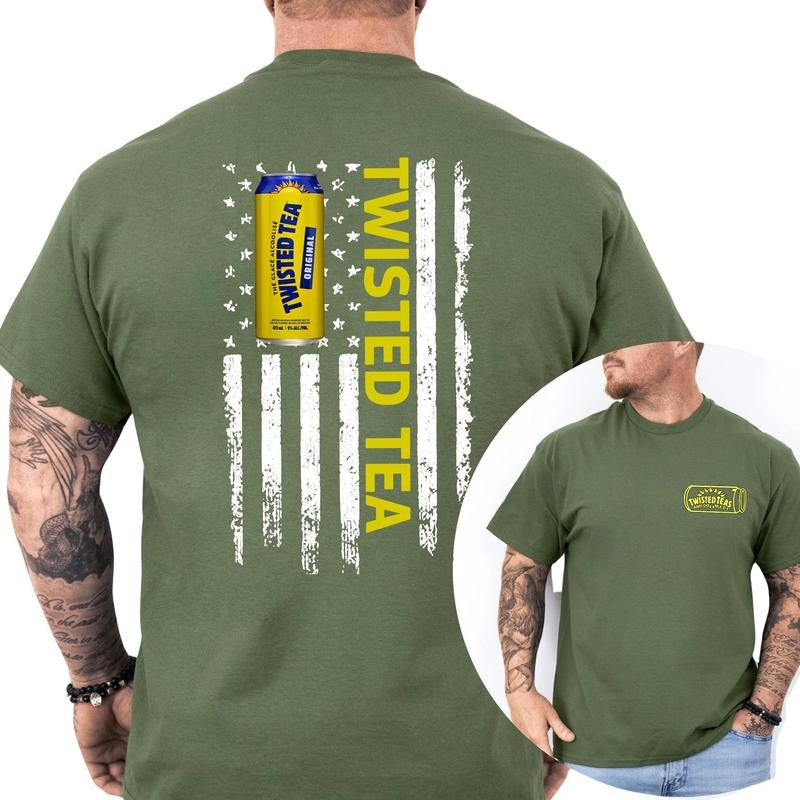 Casual, 2-Side Twisted Tea Logo Flag Funny T-Shirt, Full Color, For Men ,Gift For men, Casual.