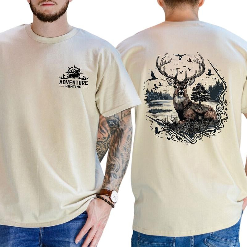 Adventure Hunting T-Shirt - Bold Buck Deer Graphic Tee, Classic Cotton Top, Soft Fabric Shortsleeve Shirt Fashion Fashion