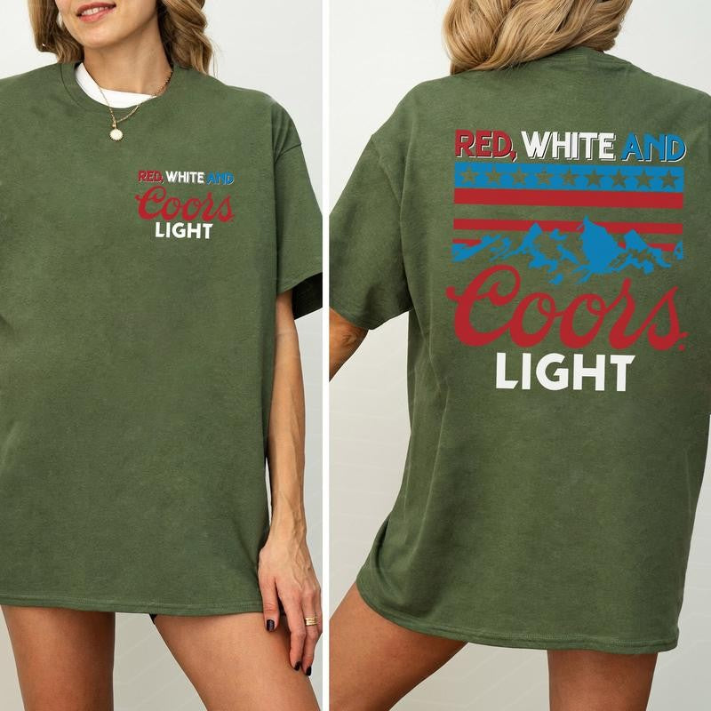 Red White And Coors Light 2 Sided Cotton T-Shirt Graphic 2 Sided Shirt, Comfort Clothing, Cotton Fabric Tshirt, Printed Women's Top, Casual Womenswear