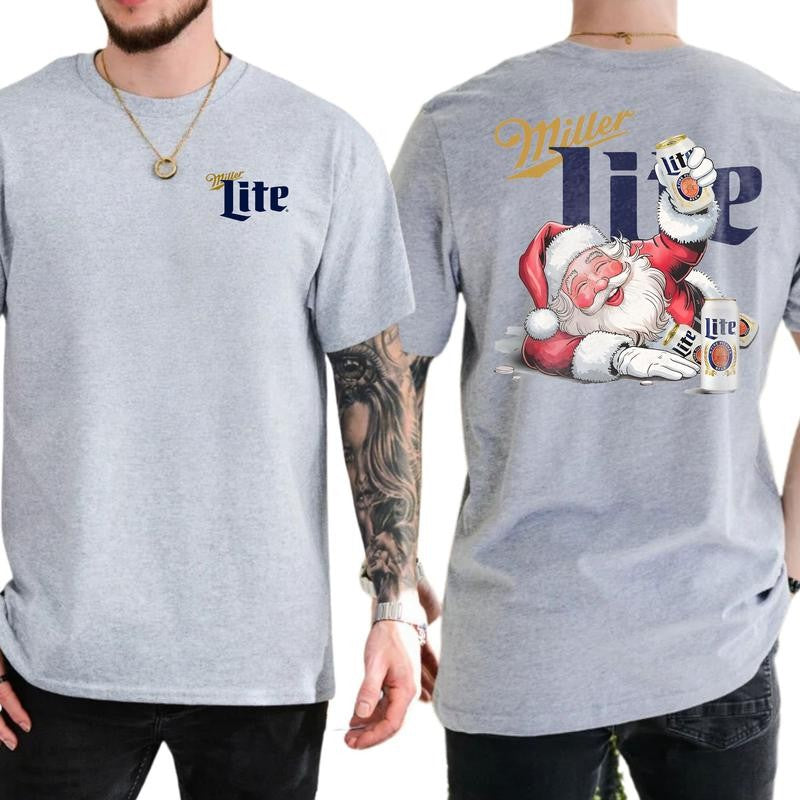 Funny Miler Lite Drunk Santa Claus Christmas Shirt, Soft Fabric Short Sleeve Shirt
