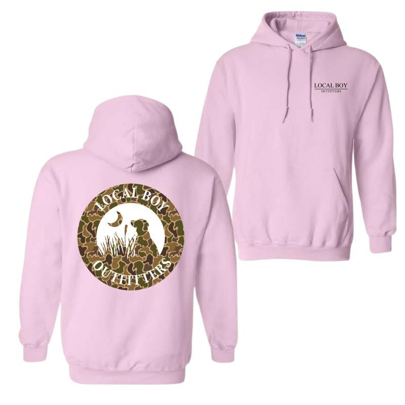 Local Boy Outfitters Hoodie - Classic Camouflage Dog Design Featuring Moon Graphics, Perfect for Outdoor Enthusiasts and Dog Lovers, For Men For Women