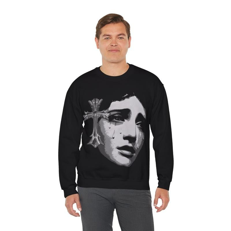 Save Me Cross Girl Heavy Blend Crewneck Sweatshirt Retro Vintage Comfy Sweater Streetwear Crewneck Long sleeve Christian Fashion Classic Cotton Fabric Menswear Tops