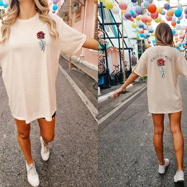 2 Slides, Run Little Mouse tshirt, Haunting Adeline Shirt, Dark Romance Merch, Smut Reader, Women's Book Lover Gift, Rose Skeleton  Shirt, Womenswear Shortsleeve Crewneck Cotton Casual Top Fit