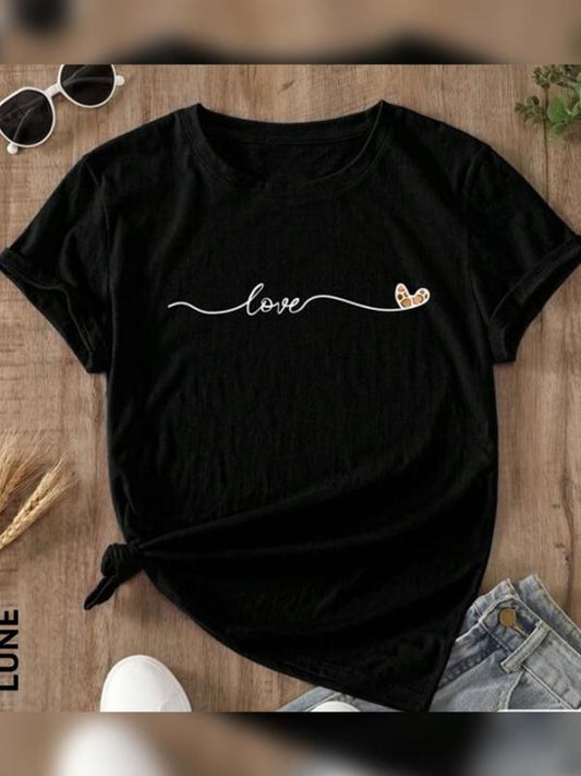 Women's Letter & Heart Print Short Sleeve Tee, Graphic Tees, Casual Round Neck Graphic T-shirt, Summer Clothes Women, Women's 2024 Trendy Top for Daily Wear Valentine's Day, gift