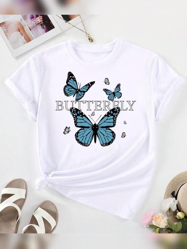 Women's Butterfly Letter Print Short Sleeve Tee, Summer Clothes Women, Casual Round Neck Graphic T-shirt for Summer, Women's Top for Daily Wear