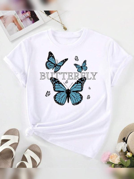Women's Butterfly Letter Print Short Sleeve Tee, Summer Clothes Women, Casual Round Neck Graphic T-shirt for Summer, Women's Top for Daily Wear