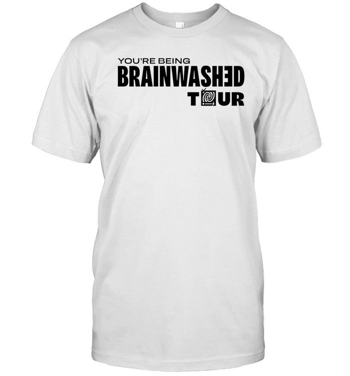 A College Student Wearing You're Being Brainwashed Tour T Shirt