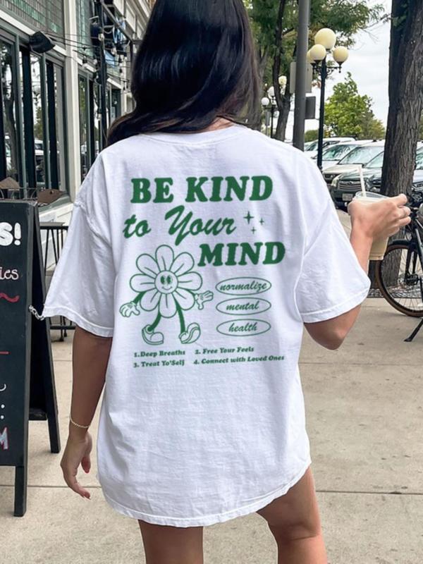 Women's Cartoon Letter & Floral Graphic Print Round Neck Tee, Summer Clothes WomenÂ Casual Fashion Drop Shoulder Short Sleeve T-shirt for Summer, Ladies Clothes for Daily Wear