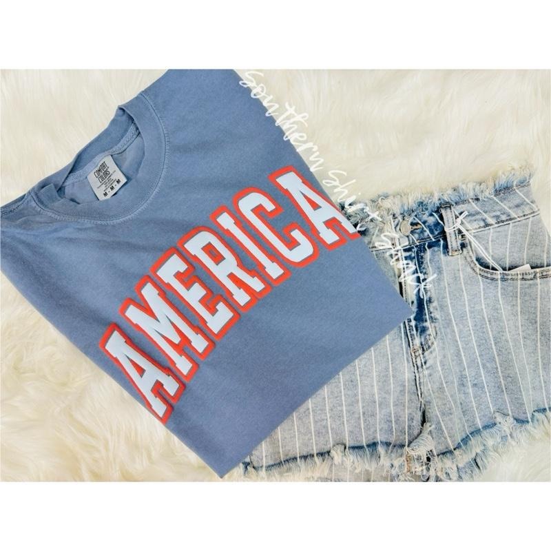 America Puff Print Graphic Tee | Patriotic T shirt | Puff Print | Comfort Colors Graphic Tee | Tops | Unisex Style