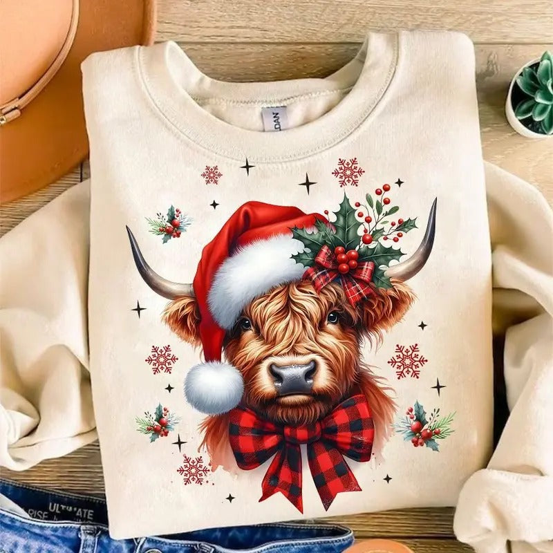 CChristmas Coquette Highland Cow Sweater, Western Christmas Unisex T-shirt, 100% Cotton - Fabric Classic Crewneck