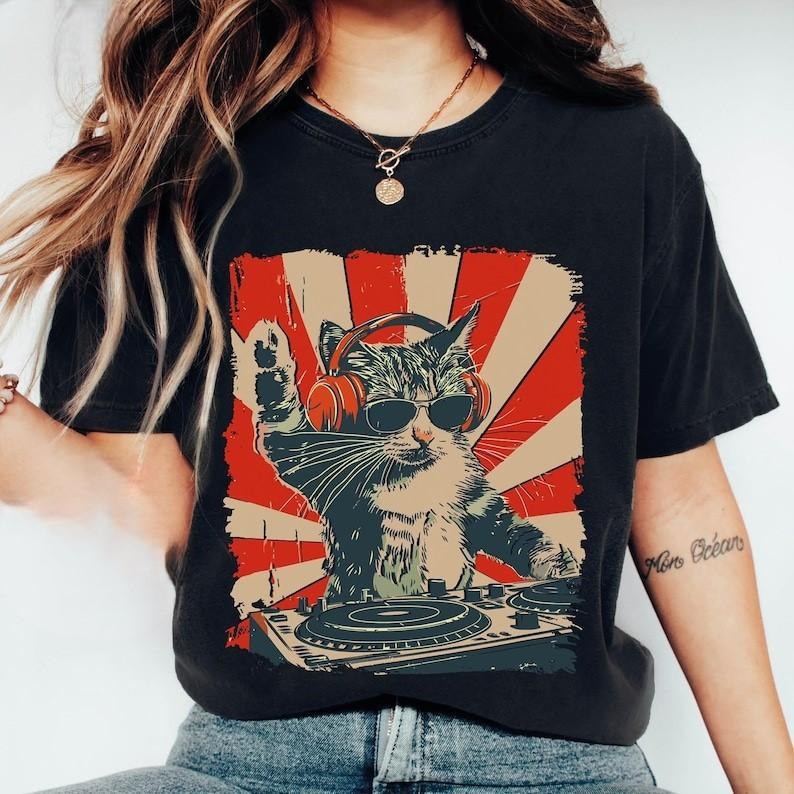 Cat DJ Tshirt, Funny Cat Shirt, Men's Kitten Disc Jockey Design, Dance Party Cat Lover Shirt, Pet T-shirt, Cat Lovers Gifts