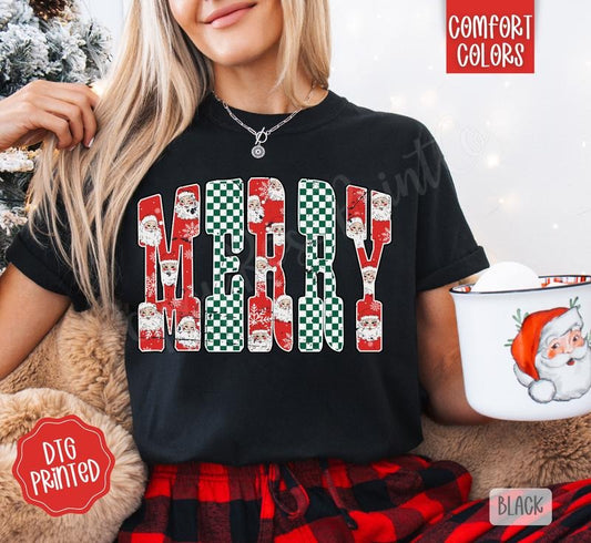 Checkered Merry Comfort Colors, Trendy Women's Christmas Tshirt
