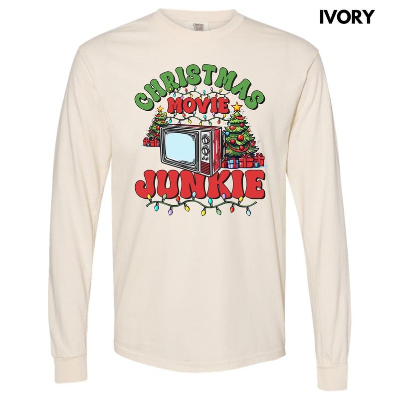 Christmas Movie Junkie Long Sleeve Comfort Colors T-Shirt 'NLB'