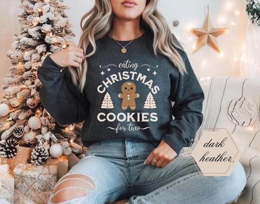 Christmas Pregnancy Announcement Sweatshirt Mother To Be Gift Christmas Pregnant Shirt Expecting Sweatshirt Eating Xmas Cookies for Two, Unisex Trendy