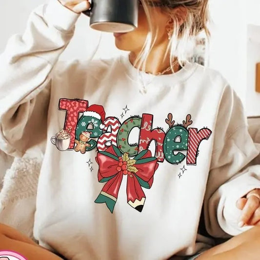 Christmas Teacher Sweatshirt, Teacher Coquette Christmas Shirt, Pencil Coquette Bow Shirt, Christmas Gift, Retro Christmas, Unisex Shirt, Full Size, Full Color