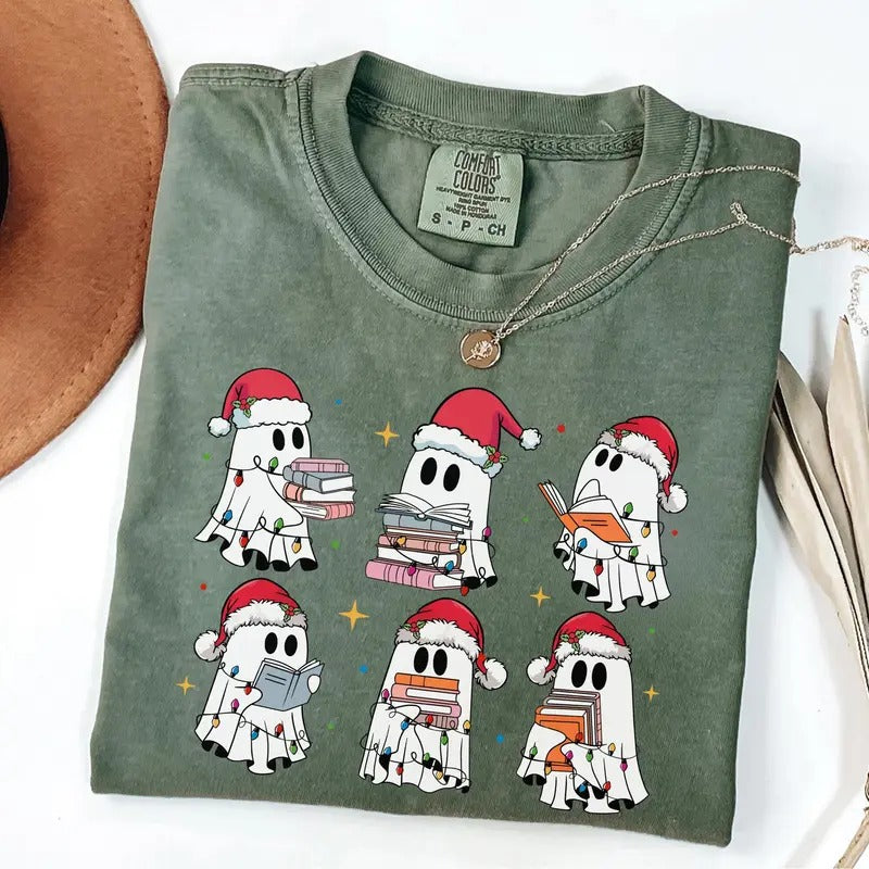 Comfort Colors Christmas Book Ghost Shirt, Xmas Book Ghost T-Shirt, Book Club Gift, Holiday Gift Shirt
